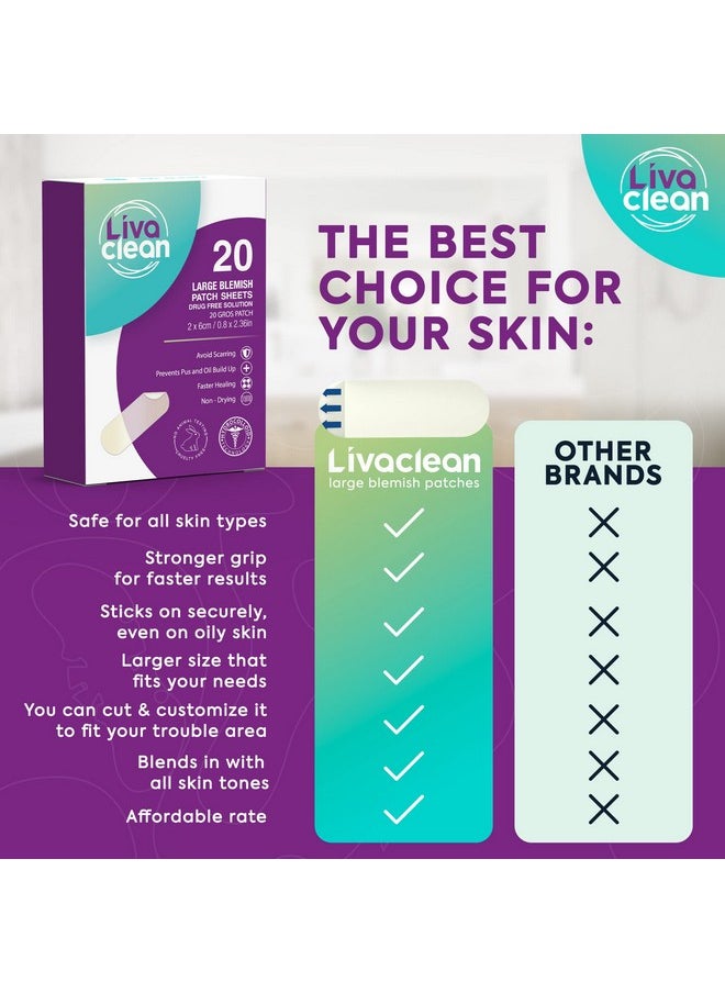 20 CT LivaClean Large Hydrocolloid Acne Patches - for Pore Spots Nose Face Cystic Pimple Zit Patch - Big Pimple Patches Hydrocolloid Bandages Strips