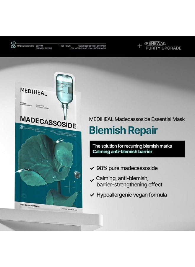 Mediheal Madecassoside Essential Sheet Mask Blemish Repair 10 pcs. 98% Purity Madecassoside & Hyaluronic Acid Included. Enhancing Moisture Barrier & Skin Texture Care. Vegan Formula Sheet Mask