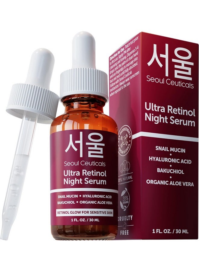SeoulCeuticals 1% Korean Retinol Night Serum for Face - 97.5% Snail Mucin + Hyaluronic Acid + Bakuchiol, Cruelty Free K Beauty for Sensitive Skin 1oz