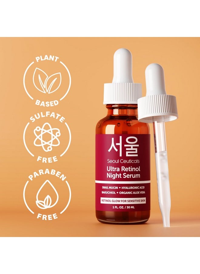 SeoulCeuticals 1% Korean Retinol Night Serum for Face - 97.5% Snail Mucin + Hyaluronic Acid + Bakuchiol, Cruelty Free K Beauty for Sensitive Skin 1oz