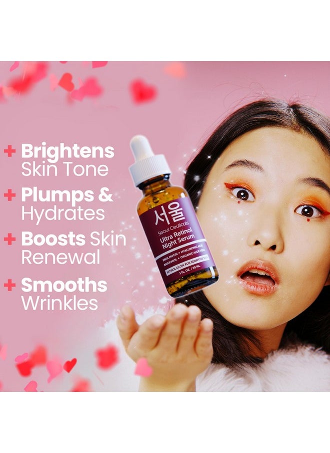 SeoulCeuticals 1% Korean Retinol Night Serum for Face - 97.5% Snail Mucin + Hyaluronic Acid + Bakuchiol, Cruelty Free K Beauty for Sensitive Skin 1oz