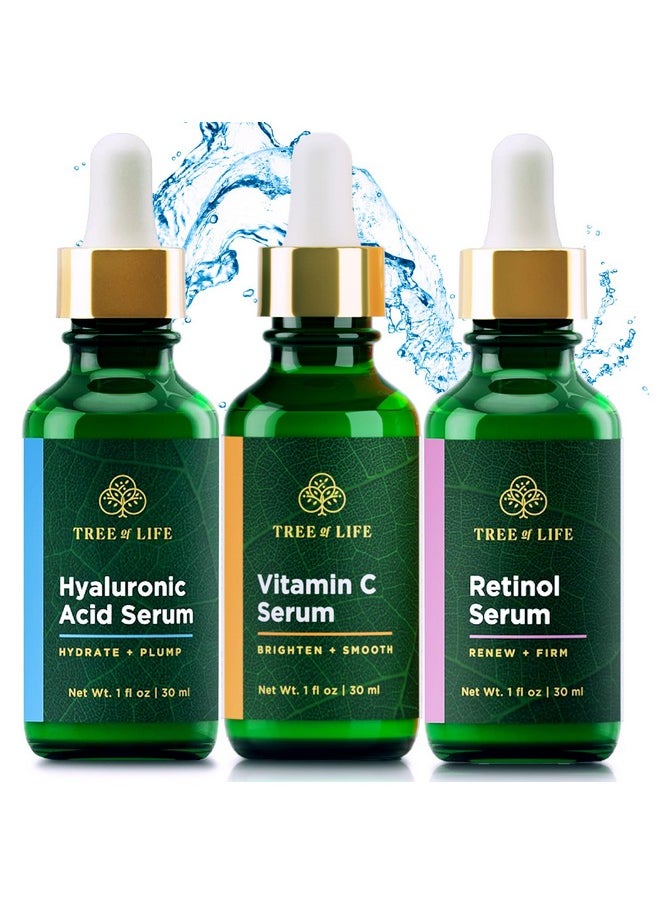 Tree of Life Beauty Facial Skin Care Set, Brightening, Firming, Hydrating, Dry Face, Dermatologist Tested - Trio Power Kit, Vitamin C, Retinol and Hyaluronic Acid, 3 count of 1 Fl Oz