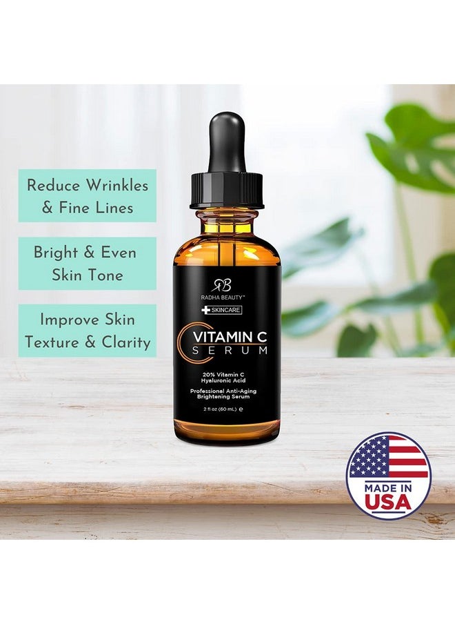 Radha Beauty Natural Vitamin C Serum 2oz, Vitamin C, Vitamin E, Hyaluronic Acid and Aloe, Facial Serum for Anti-Aging Wrinkles, Dark Spots, Fine Lines