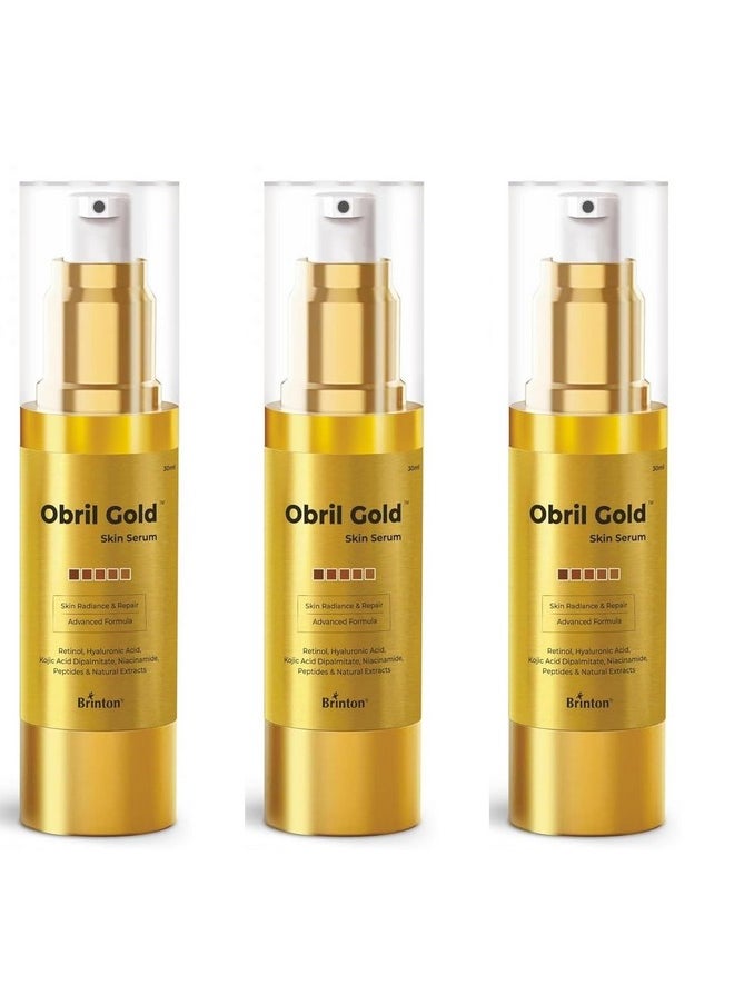 Brinton Obril Gold Skin Serum for Hyperpigmentation with Hyaluronic Acid for Dark Spot Removal, Tan & Acne Marks | Reduces Wrinkles & Fine Lines - 30ml x Pack of 3