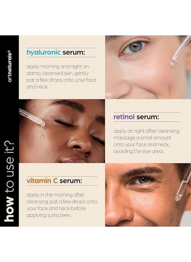 artnaturals Anti-Aging-Set with Vitamin-C Retinol and Hyaluronic-Acid - (3 x 1 Fl Oz / 30ml) Serum for Anti Wrinkle and Dark Circle Remover - All Natural and Moisturizing