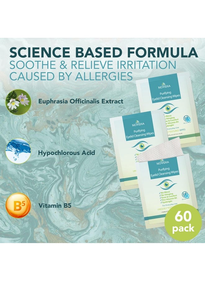 NOVEHA Eyelid & Lash Wipes | For Itchy, Dry Eyes, Styes & Blepharitis, Demodex | lid and lash Cleansing Wipes, Hypoallergenic & Soothing For Sensitive Eyes, Pack of 60