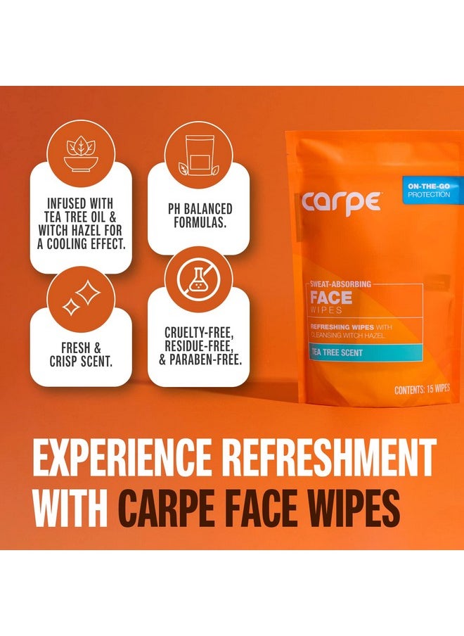 Carpe Sweat Absorbing Face Wipes (15 Facial Wipes). Witch Hazel & Tea Tree Oil Wipes Infused with Eucalyptus. Energizing, Refreshing, and Soothing. Sweat and Oil Control