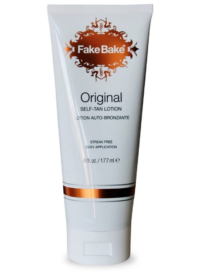 Fake Bake Original Self-Tanning Lotion Lasting Natural Looking Sunless Tanner For All Skin Tones Women & Men - Streak Free, Flawless Glow Includes Gloves For Easy Application - 6 oz