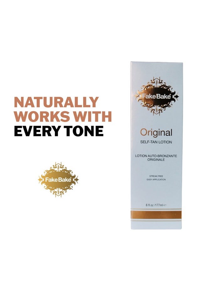 Fake Bake Original Self-Tanning Lotion Lasting Natural Looking Sunless Tanner For All Skin Tones Women & Men - Streak Free, Flawless Glow Includes Gloves For Easy Application - 6 oz