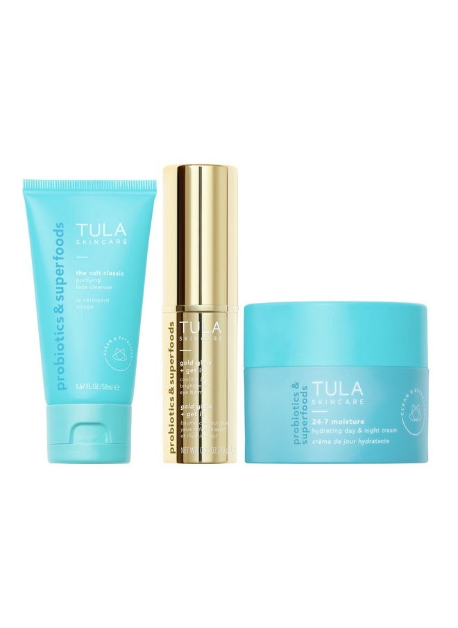 TULA Skin Care Greatest Hits Skincare Discovery Kit, Includes Gold Glow & Get It Eye Balm 0.35 oz., The Cult Classic Cleanser 50ml, 24-7 Moisture Hydrating Day & Night Cream 15ml, 3-Piece Kit