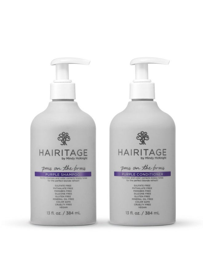 Hairitage Pass on the Brass Purple Shampoo and Conditioner for Color-Treated Hair - Corrects Brassy Tones, Moisturizes Blonde and Gray Hair Ends - 13 oz