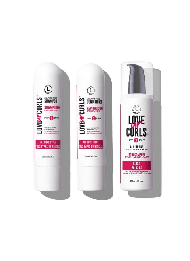 Love Ur Curls Shampoo & Conditioner Set with All in One Curl Cream Styler for Curly Hair, 3 Step System to Repair and Moisturizing