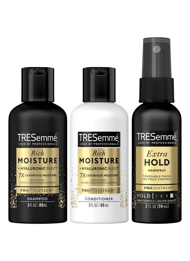 TRESemmé Travel Shampoo, Conditioner & Hairspray - Rich Moisture Hair Products + Non-Aerosol Hair Spray, 24H Frizz Control (3 Piece Set)