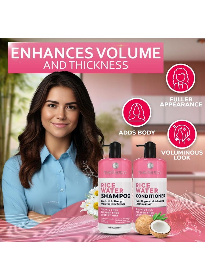 Rice Water Shampoo and Conditioner Set - Sulfate Free for Thin and Fine Hair - Fuller, Thickening Formula for Women and Men - With Strengthening Saw Palmetto - Anti Thinning, Volumizing for Thick Hair