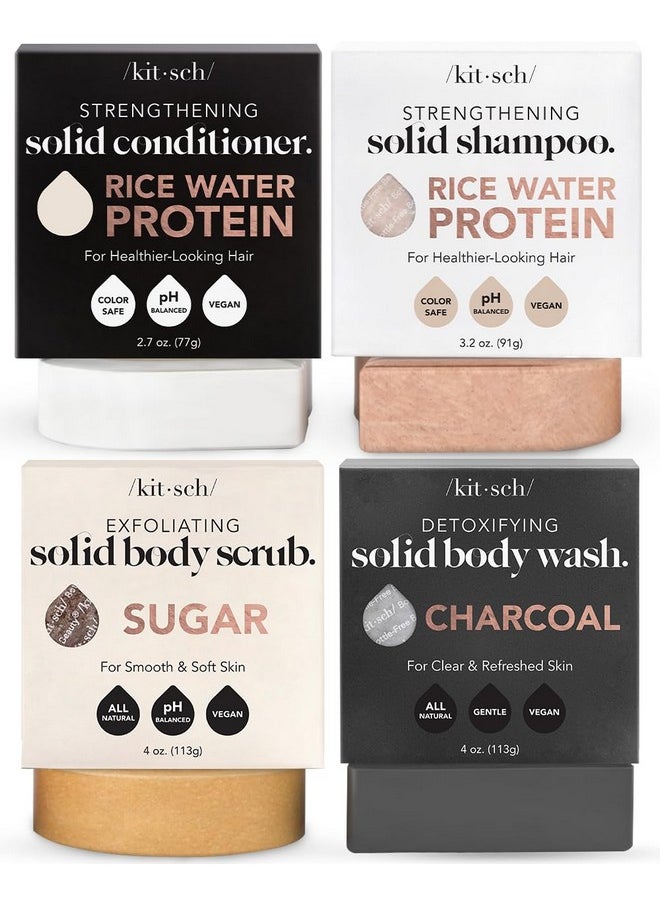 Kitsch 4-Piece Bar Set - Rice Water Shampoo & Conditioner Bars, Charcoal Body Soap Bar, Sugar Scrub Bar - Solid Bars w/Castor Oil & Coconut Oil - Vegan, Paraben & Sulfate Free, Hair & Body Care