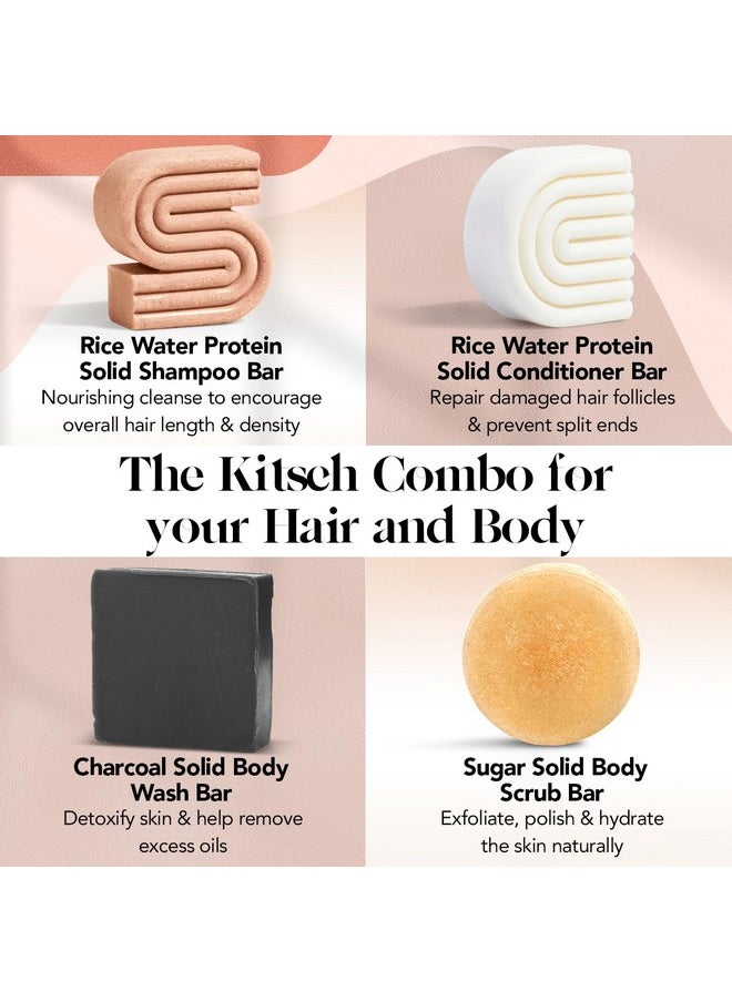 Kitsch 4-Piece Bar Set - Rice Water Shampoo & Conditioner Bars, Charcoal Body Soap Bar, Sugar Scrub Bar - Solid Bars w/Castor Oil & Coconut Oil - Vegan, Paraben & Sulfate Free, Hair & Body Care