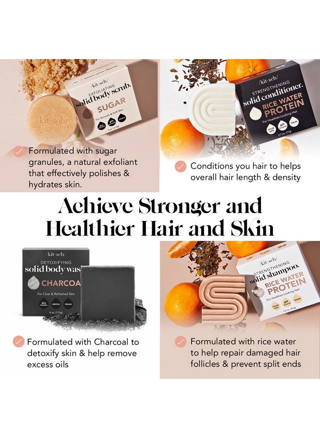 Kitsch 4-Piece Bar Set - Rice Water Shampoo & Conditioner Bars, Charcoal Body Soap Bar, Sugar Scrub Bar - Solid Bars w/Castor Oil & Coconut Oil - Vegan, Paraben & Sulfate Free, Hair & Body Care