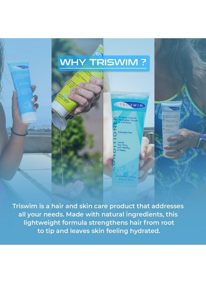 TRISWIM Gift Set Value Pack of 4 + Mesh Bag Travel Kit Swim Care Chlorine Removal Body Wash + Swimmers Shampoo + Conditioner and Lotion 8.5 fl oz for Hydrated Skin and Healthy Hair