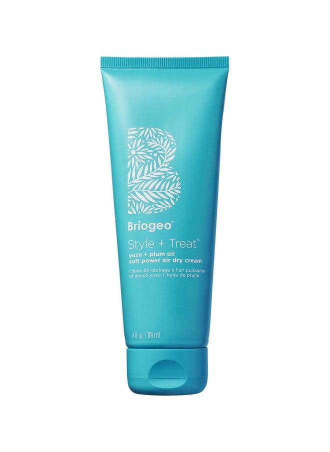 Briogeo Style + Treat Yuzu + Plum Oil Soft Power Air Dry Cream, Dries Soft, Enhance Natural Hair, Vegan, No Heat Styling, Smooths Frizzy Wavy Hair, Heatless Styling, Vegan, Cruelty-Free, 4 fl oz
