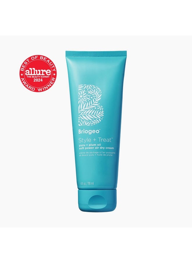 Briogeo Style + Treat Yuzu + Plum Oil Soft Power Air Dry Cream, Dries Soft, Enhance Natural Hair, Vegan, No Heat Styling, Smooths Frizzy Wavy Hair, Heatless Styling, Vegan, Cruelty-Free, 4 fl oz