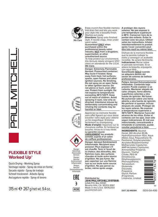 Paul Mitchell Worked Up Working Hairspray, Quick-Drying, Flexible Hold, For All Hair Types, 9.4 oz.