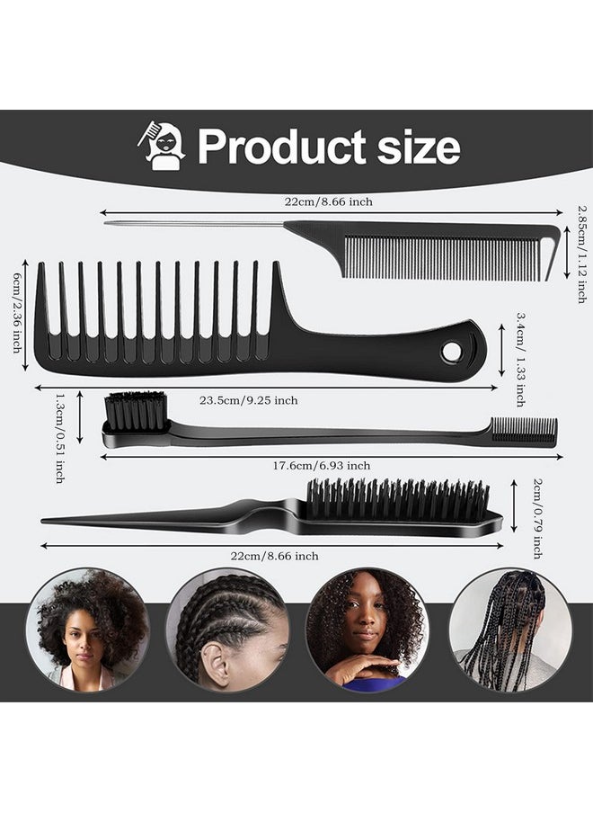 SWEET VIEW Hair Styling Set - 4 Brushes (Edge, Bristle, Rat Tail, Wide Tooth) for Slick Baby Hair and Flyaways - Black