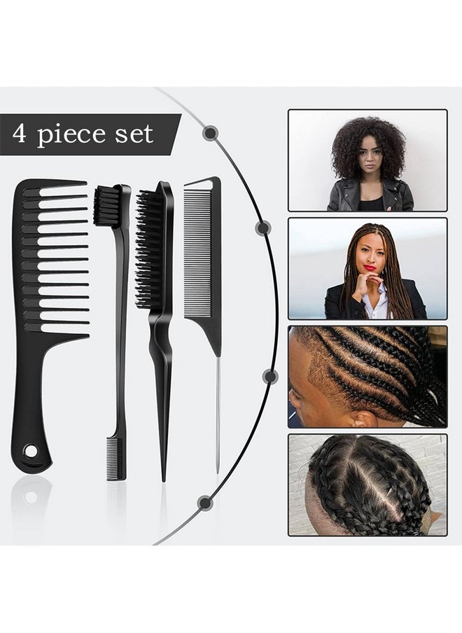 SWEET VIEW Hair Styling Set - 4 Brushes (Edge, Bristle, Rat Tail, Wide Tooth) for Slick Baby Hair and Flyaways - Black