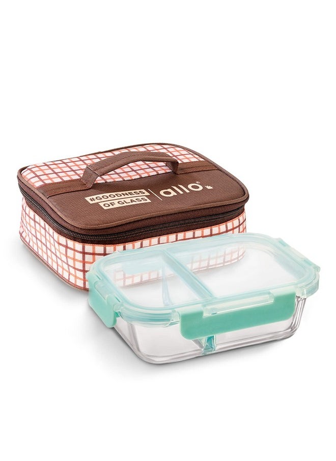 Allo FoodSafe Compartment Glass Lunch Box with Break Free Lock, Oven & Microwave Safe, Borosilicate Glass Container with Partition Divider, Office Tiffin with Cocoa Brown Bag, 580ml, Rectangle