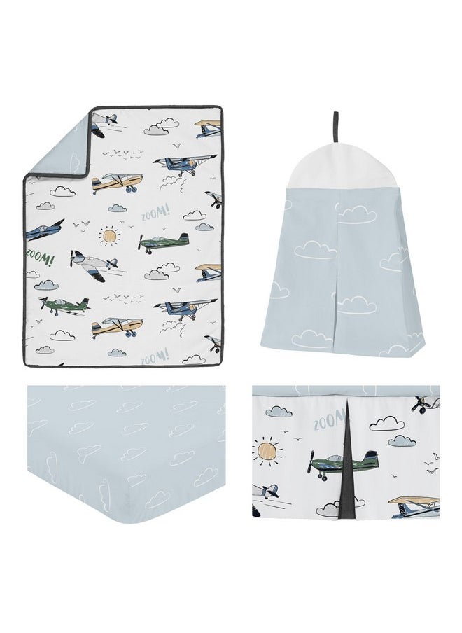 Sweet Jojo Designs Vintage Airplane Boy Baby Crib Bedding Set for Infant Nursery Room Blanket Fitted Sheet Skirt Diaper Stacker 4pc Grey Green Blue White Yellow Airplanes Transportation Clouds Sun Sky