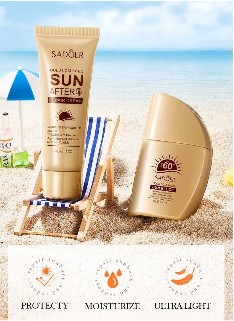 Gold Collagen SPF60+ Protection Kit,Sun Block30g+Repair Cream40g
