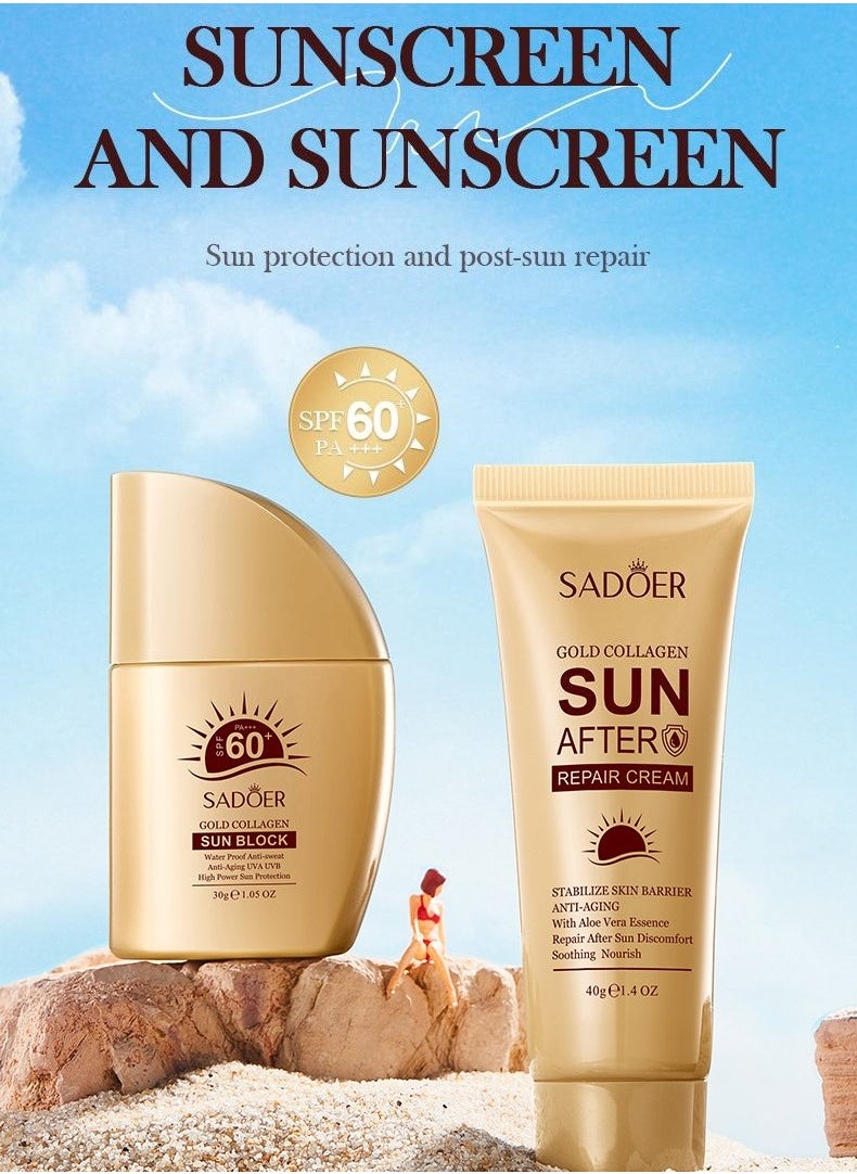 Gold Collagen SPF60+ Protection Kit,Sun Block30g+Repair Cream40g