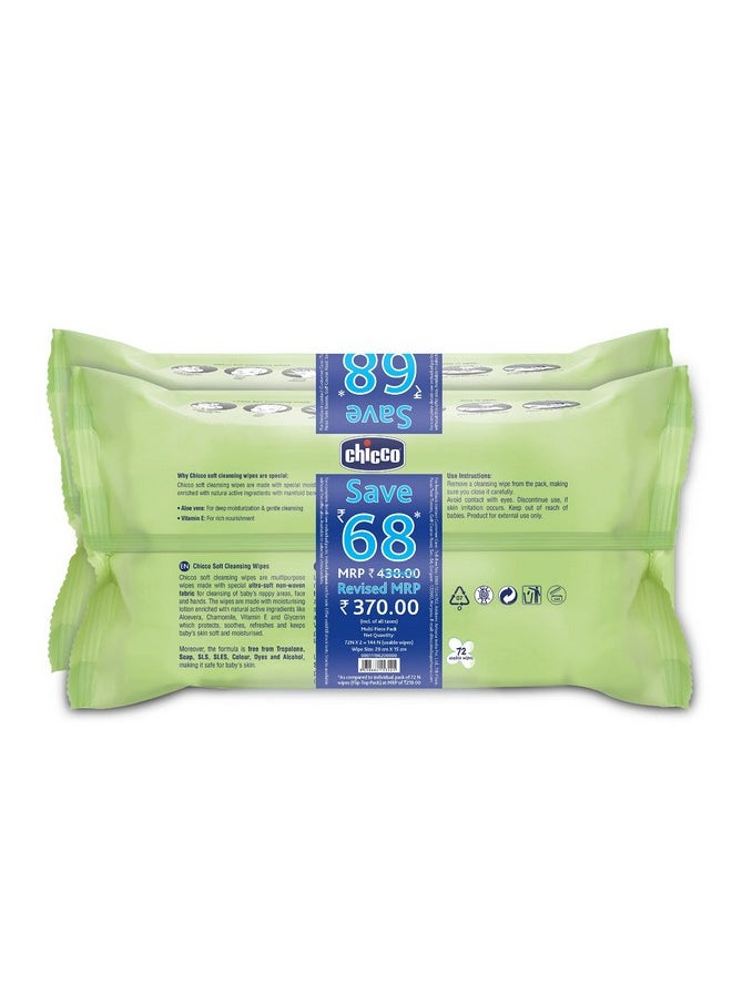 Soft Cleansing Baby Wipes, 72 Pieces/Pack (Pack Of 2 ) Fliptop Pack | Wet Wipes Ideal For Nappy, Face And Hands | Dermatologically Tested, No Phenoxyethanol, No Parabens, No Alcohol, Soap-Free