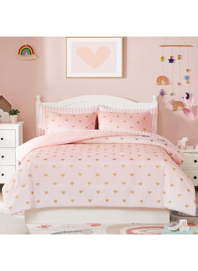 Wink Deer Kids Pink Bedding Sets, 5 Piece Twin Comforter Set with Sheets, Gold Heart Shaped Pink Cute Bedding for Girls, Twin Bed in a Bag