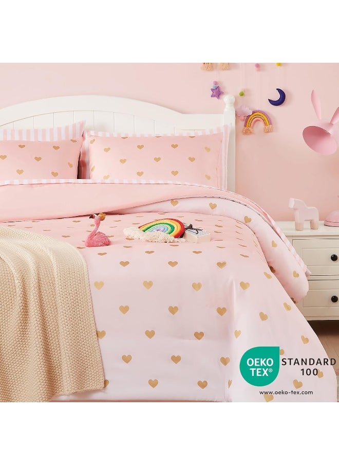 Wink Deer Kids Pink Bedding Sets, 5 Piece Twin Comforter Set with Sheets, Gold Heart Shaped Pink Cute Bedding for Girls, Twin Bed in a Bag