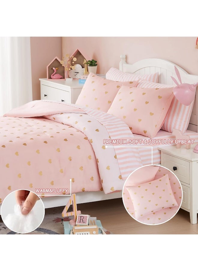 Wink Deer Kids Pink Bedding Sets, 5 Piece Twin Comforter Set with Sheets, Gold Heart Shaped Pink Cute Bedding for Girls, Twin Bed in a Bag