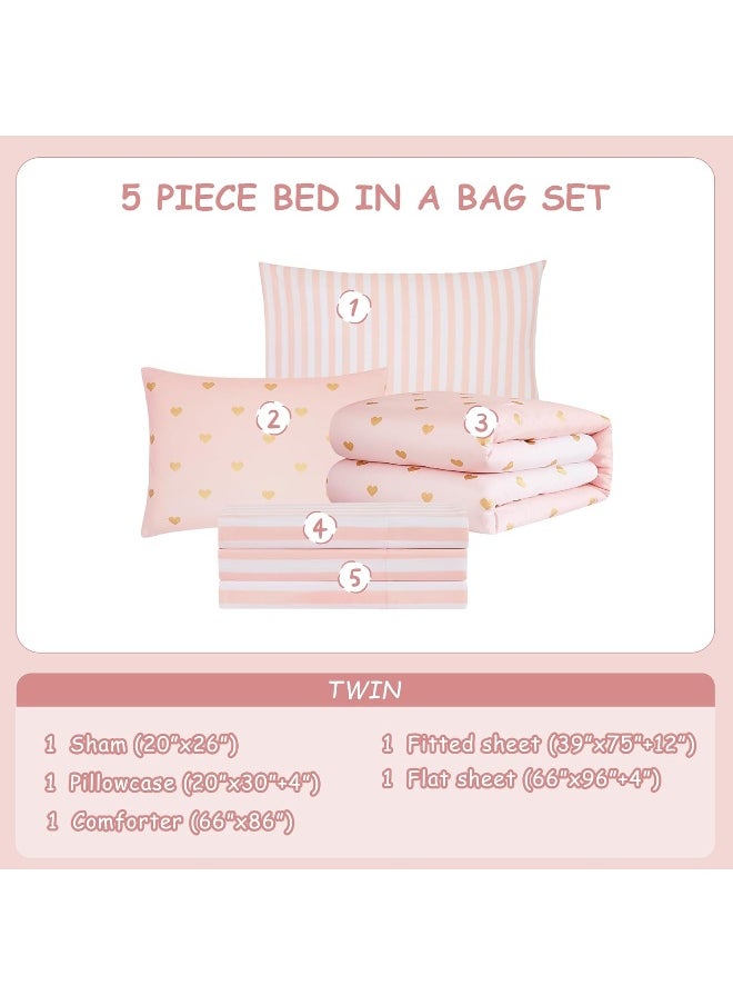 Wink Deer Kids Pink Bedding Sets, 5 Piece Twin Comforter Set with Sheets, Gold Heart Shaped Pink Cute Bedding for Girls, Twin Bed in a Bag