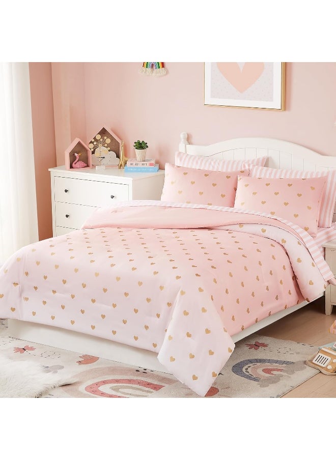 Wink Deer Kids Pink Bedding Sets, 5 Piece Twin Comforter Set with Sheets, Gold Heart Shaped Pink Cute Bedding for Girls, Twin Bed in a Bag