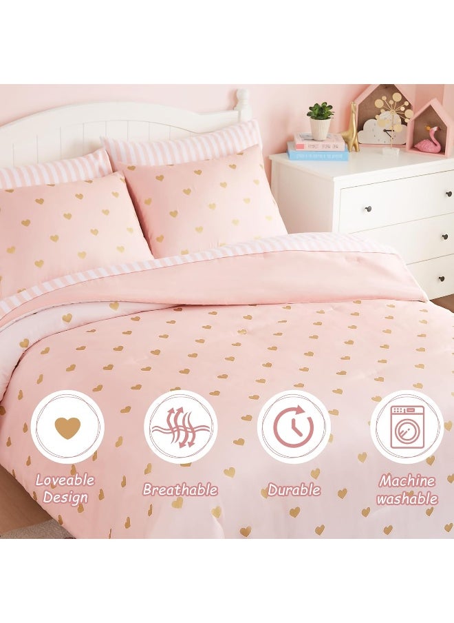 Wink Deer Kids Pink Bedding Sets, 5 Piece Twin Comforter Set with Sheets, Gold Heart Shaped Pink Cute Bedding for Girls, Twin Bed in a Bag
