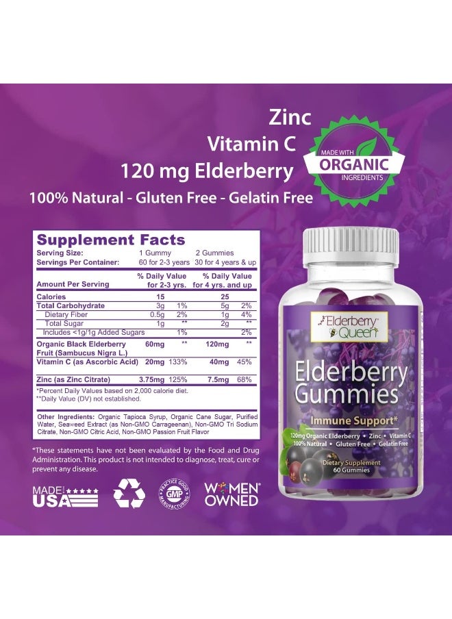 Elderberry Queen Organic Elderberry Gummies 60 ct - Immune Support Gummies with Vitamin C & Zinc - Elderberry Vitamin Gummies for Adults and Kids