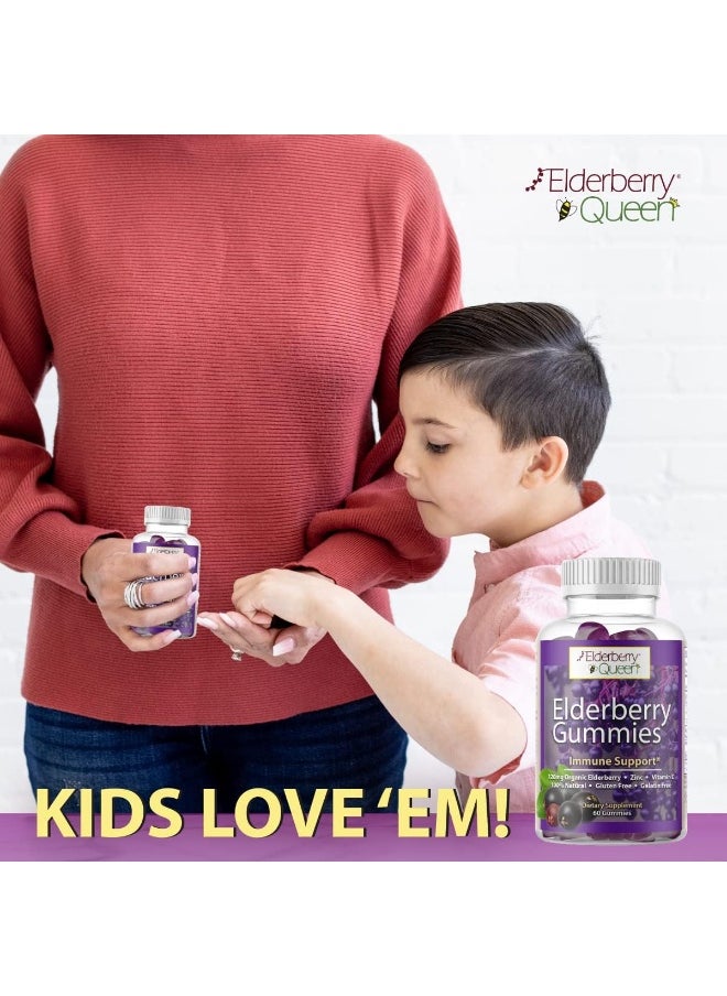 Elderberry Queen Organic Elderberry Gummies 60 ct - Immune Support Gummies with Vitamin C & Zinc - Elderberry Vitamin Gummies for Adults and Kids