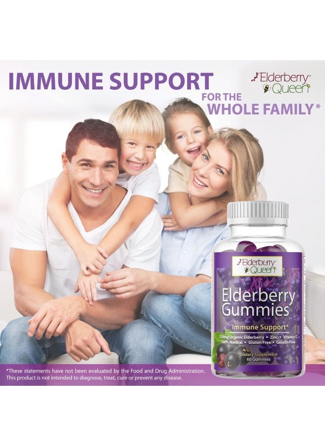 Elderberry Queen Organic Elderberry Gummies 60 ct - Immune Support Gummies with Vitamin C & Zinc - Elderberry Vitamin Gummies for Adults and Kids