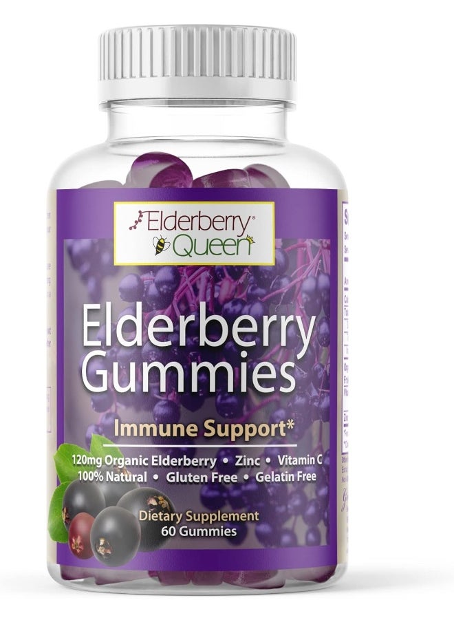 Elderberry Queen Organic Elderberry Gummies 60 ct - Immune Support Gummies with Vitamin C & Zinc - Elderberry Vitamin Gummies for Adults and Kids