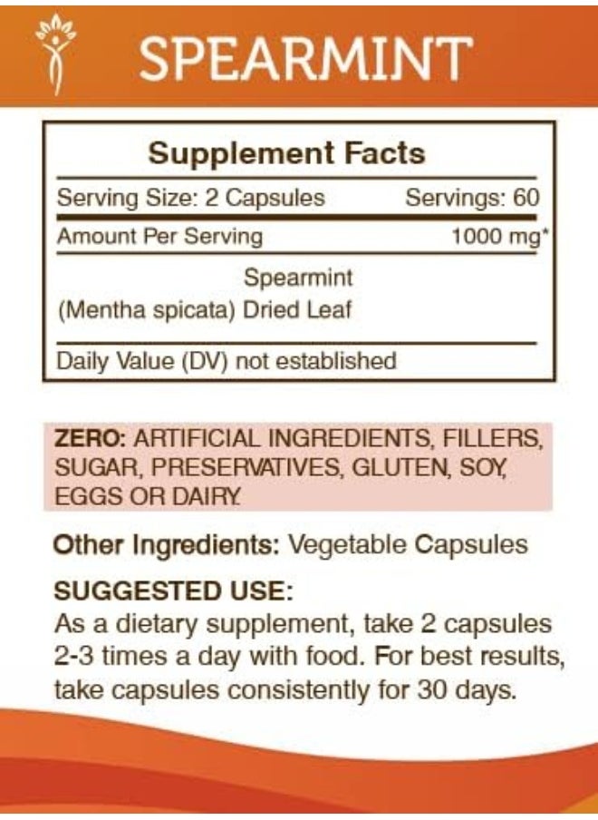 Secrets Of The Tribe Spearmint Capsules 1000 mg Organic Spearmint (Mentha spicata) Dried Leaf, Women's Hormone Support Supplement (120 Capsules)
