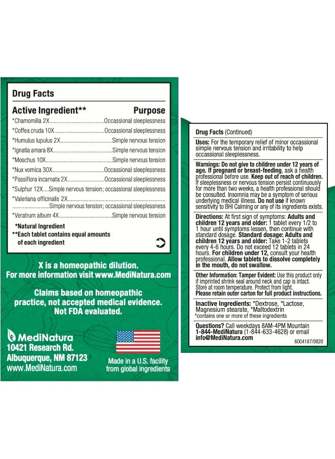 MediNatura BHI Calming Tablets - Homeopathic Formula Temporary Relief of Minor, Simple Nervous Tension and Irritability to Help Occasional Sleeplessness - 100 Count