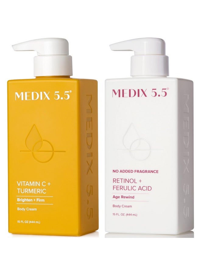 MEDIX Fragrance Free Firming Retinol Body Lotion + Brightening Vitamin C Cream 2pc Skin Care Set | Crepey Skin Care Treatment | Anti Aging Body Cream & Face Moisturizer For Crepe Skin & Dark Spots