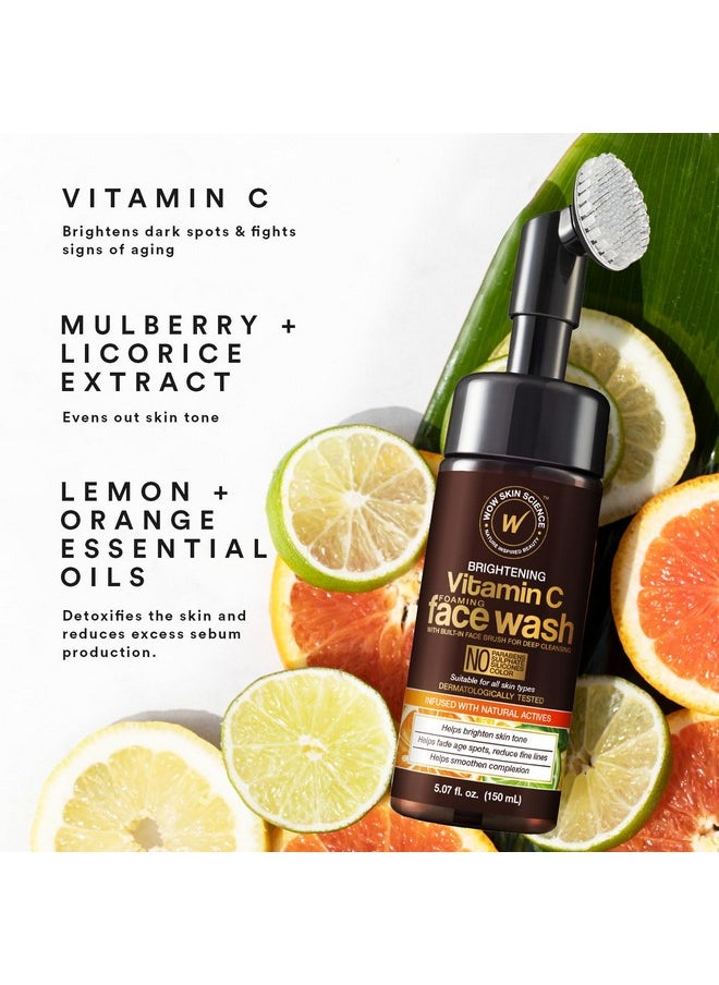 WOW Skin Science Vitamin C Face Wash w/Face Brush - Foaming Facial Cleanser - Facial Skin Care Products - Acne Face Wash for Women - Exfoliating Face Wash Men's Scrub - All Skin Types (150ml)