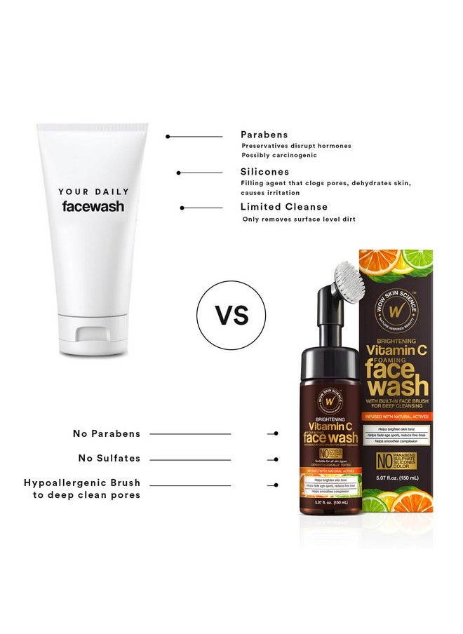 WOW Skin Science Vitamin C Face Wash w/Face Brush - Foaming Facial Cleanser - Facial Skin Care Products - Acne Face Wash for Women - Exfoliating Face Wash Men's Scrub - All Skin Types (150ml)