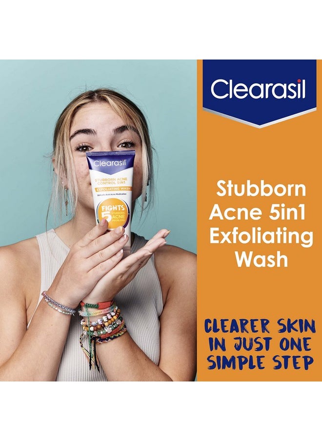 Clearasil Stubborn Acne Control 5in1 Exfoliating Wash, Maximum Strenght with 2% Salicylic Acid Acne Treatment Medicine, Daily Acne Facial Cleanser 6.78 fl oz