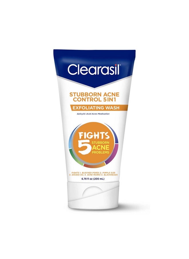 Clearasil Stubborn Acne Control 5in1 Exfoliating Wash, Maximum Strenght with 2% Salicylic Acid Acne Treatment Medicine, Daily Acne Facial Cleanser 6.78 fl oz
