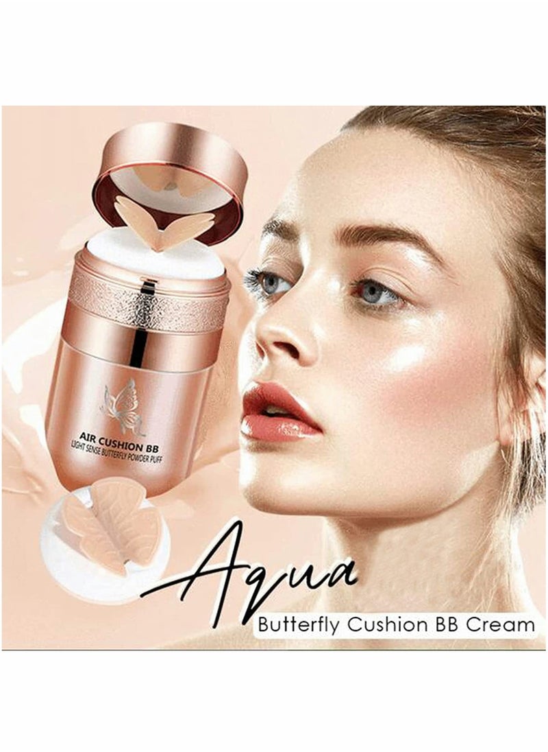Butterfly Cushion BB Cream, Air Cushion CC Cream, Moisturizing Concealer Makeup Base Primer BB Liquid Foundation, Easy to use (Lvory White+Natural Skin Color)